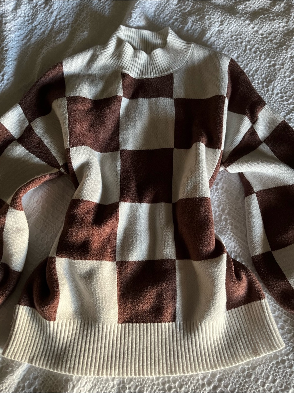Gilmore Girls Cozy Checkerboard Turtleneck Sweater - Brown & Cream Fall Time